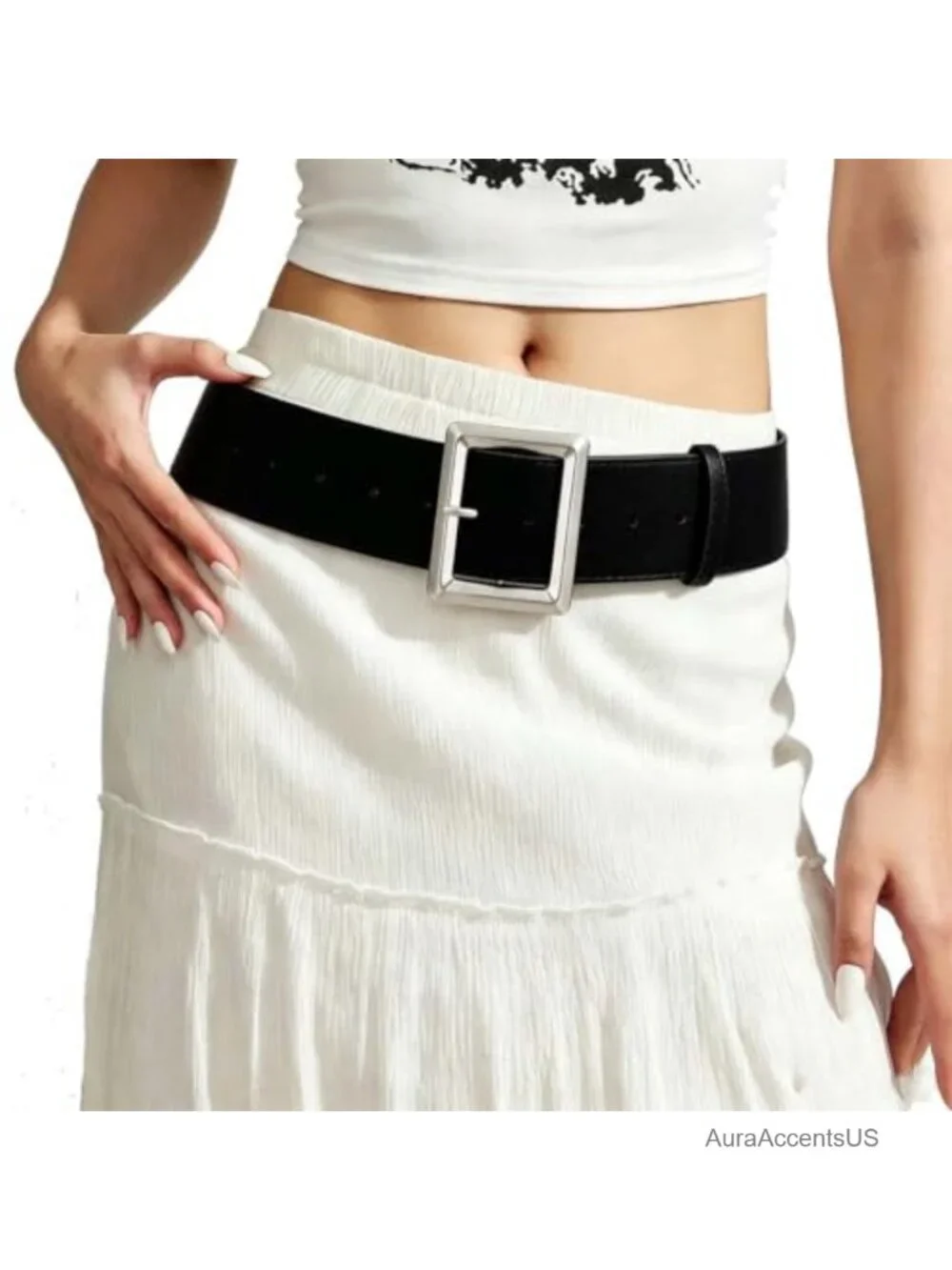 Wide Suede Belt Chunky Square Silver Buckle Faux Leather Waist Belt